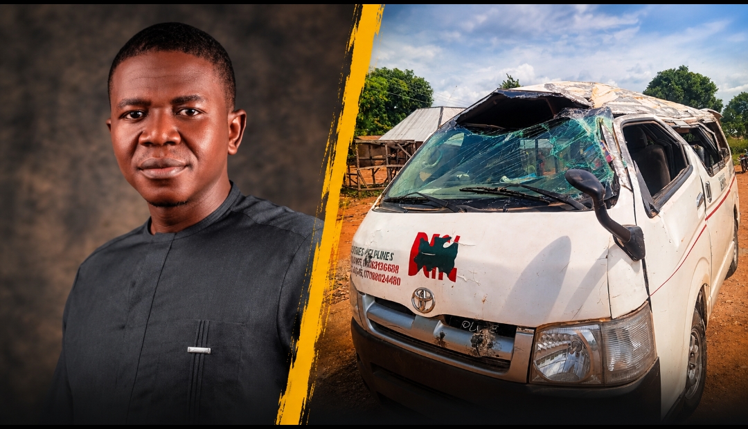 Aar Amos Terna, survivor of the Benue Links bus accident in Ushongo, beside the wrecked bus with a crushed roof and shattered windscreen